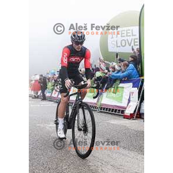 Andrew Feather (GB) at the finish line of the Pogi Challenge at Krvavec Ski resort, Slovenia on October 12, 2025