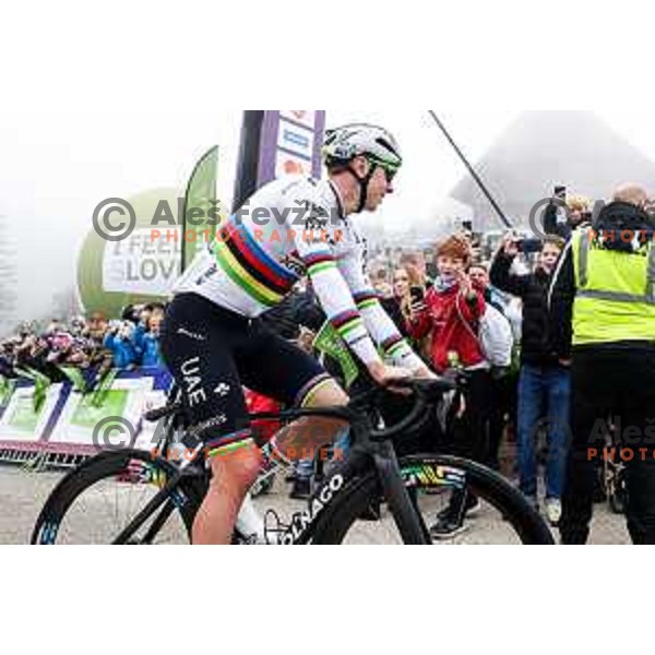 Tadej Pogacar at the finish line of the Pogi Challenge at Krvavec Ski resort, Slovenia on October 12, 2025