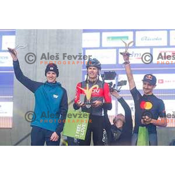 Runner-up Miran Kovacic, Winner Andrew Feather (GB) and third placed Luka Kovacic of the Pogi Challenge at Krvavec Ski resort, Slovenia on October 12, 2025