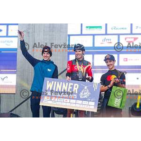Runner-up Miran Kovacic, Winner Andrew Feather (GB) and third placed Luka Kovacic of the Pogi Challenge at Krvavec Ski resort, Slovenia on October 12, 2025
