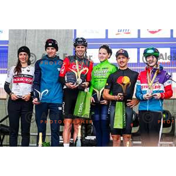 Runner-up Miran Kovacic, Winner Andrew Feather (GB) and third placed Luka Kovacic of the Pogi Challenge at Krvavec Ski resort, Slovenia on October 12, 2025