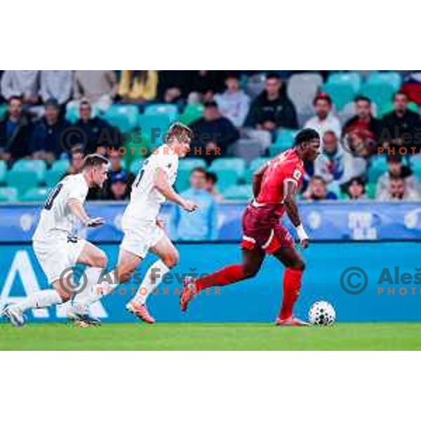 Jaka bijol and Breel Embolo in action during FIFA World Cup 2026 European Qualifiers match between Slovenia and Switzerland in SRC Stozice, Ljubljana, Slovenia on October 13, 2025