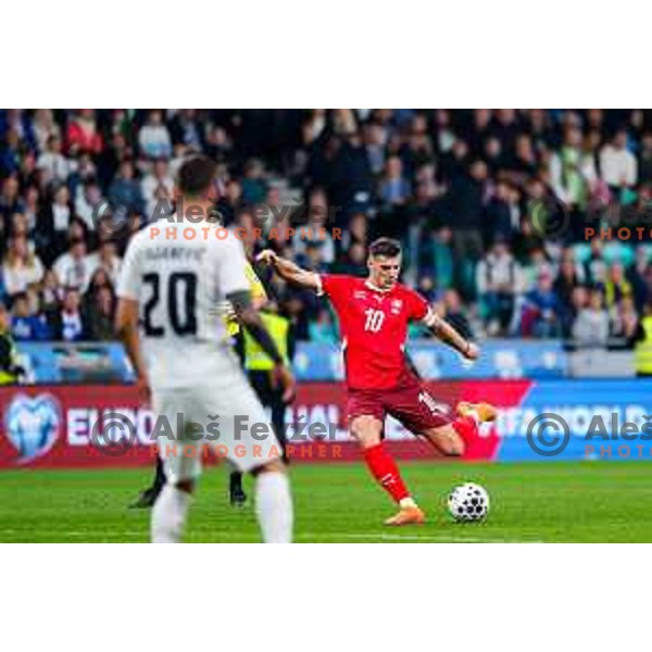 Granit Xhaka in action during FIFA World Cup 2026 European Qualifiers match between Slovenia and Switzerland in SRC Stozice, Ljubljana, Slovenia on October 13, 2025