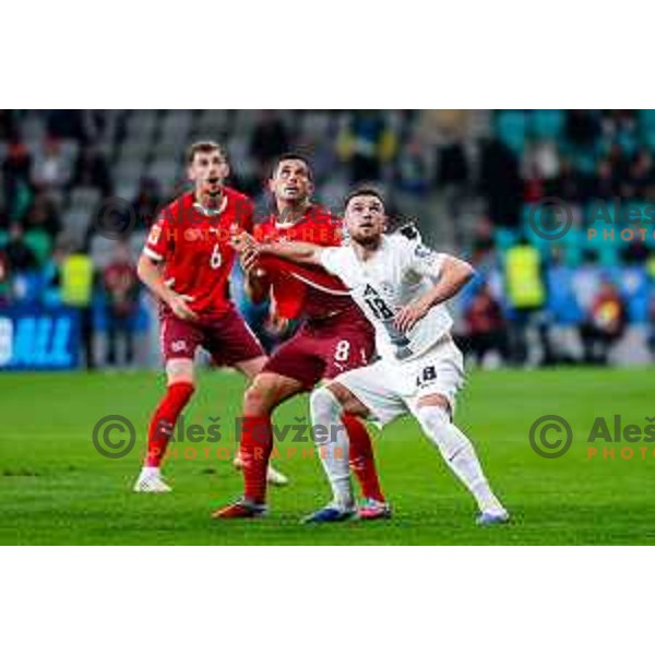 Zan Vipotnik in action during FIFA World Cup 2026 European Qualifiers match between Slovenia and Switzerland in SRC Stozice, Ljubljana, Slovenia on October 13, 2025
