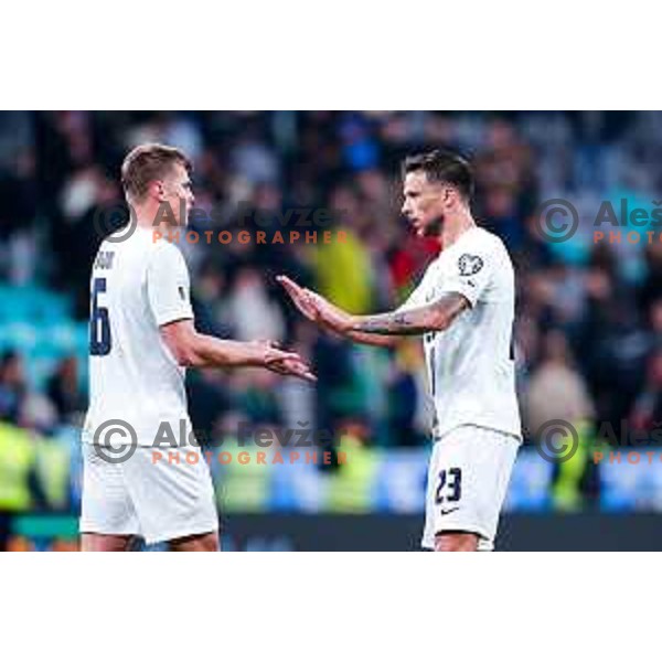Jaka Bijol and David Brekalo during FIFA World Cup 2026 European Qualifiers match between Slovenia and Switzerland in SRC Stozice, Ljubljana, Slovenia on October 13, 2025