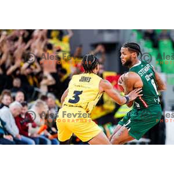 DJ Stewart in action during BKT EuroCup 2025-2026 basketball match between Cedevita Olimpija (SLO) and Aris Thessaloniki Betsson (GRE) in SRC Stozice, Ljubljana, Slovenia on October 14, 2025