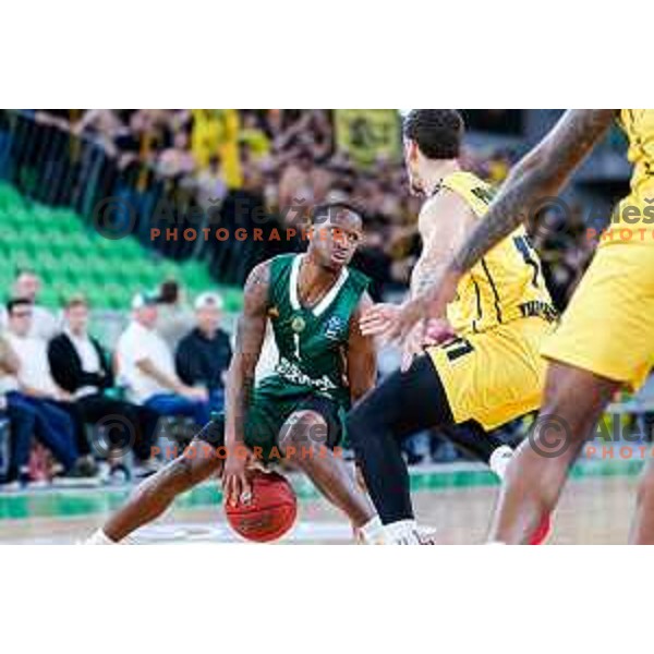 Umoja Gibson in action during BKT EuroCup 2025-2026 basketball match between Cedevita Olimpija (SLO) and Aris Thessaloniki Betsson (GRE) in SRC Stozice, Ljubljana, Slovenia on October 14, 2025