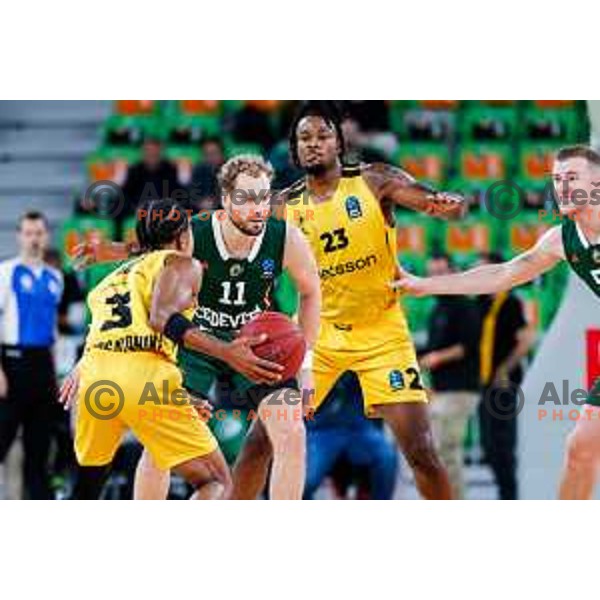 Jaka Blazic in action during BKT EuroCup 2025-2026 basketball match between Cedevita Olimpija (SLO) and Aris Thessaloniki Betsson (GRE) in SRC Stozice, Ljubljana, Slovenia on October 14, 2025