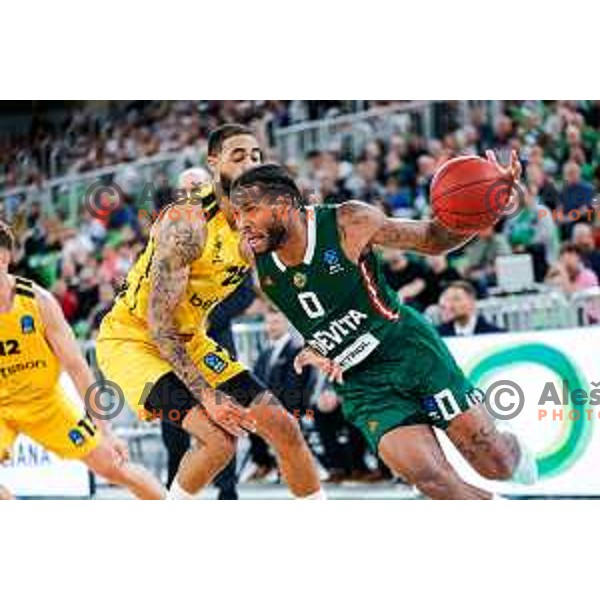 DJ Stewart in action during BKT EuroCup 2025-2026 basketball match between Cedevita Olimpija (SLO) and Aris Thessaloniki Betsson (GRE) in SRC Stozice, Ljubljana, Slovenia on October 14, 2025