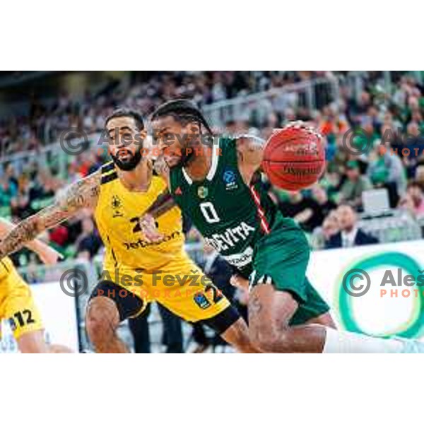 DJ Stewart in action during BKT EuroCup 2025-2026 basketball match between Cedevita Olimpija (SLO) and Aris Thessaloniki Betsson (GRE) in SRC Stozice, Ljubljana, Slovenia on October 14, 2025