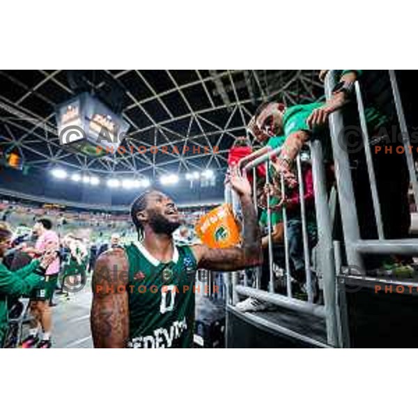 DJ Stewart in action during BKT EuroCup 2025-2026 basketball match between Cedevita Olimpija (SLO) and Aris Thessaloniki Betsson (GRE) in SRC Stozice, Ljubljana, Slovenia on October 14, 2025