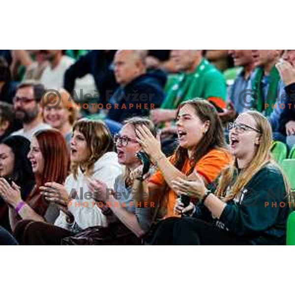 Fans of Cedevita Olimpija cheering during BKT EuroCup 2025-2026 basketball match between Cedevita Olimpija (SLO) and Aris Thessaloniki Betsson (GRE) in SRC Stozice, Ljubljana, Slovenia on October 14, 2025