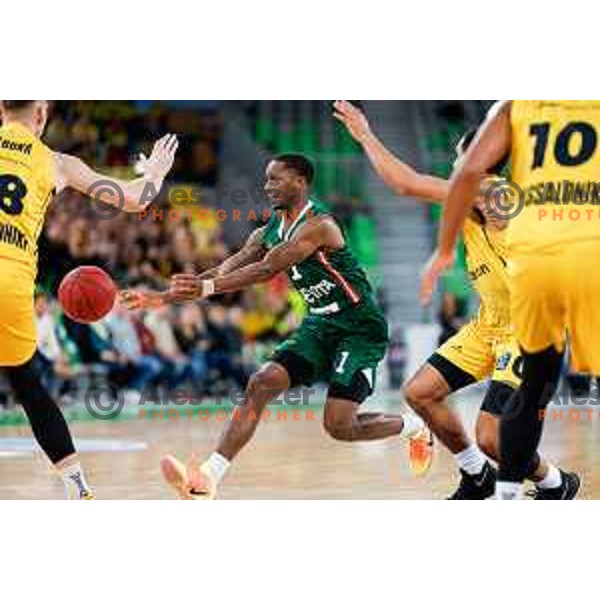 Umoja Gibson of KK Cedevita Olimpija in action during BKT EuroCup 2025-2026 basketball match between Cedevita Olimpija (SLO) and Aris Solun (GRC) in SRC Stozice, Ljubljana, Slovenia on October 14th, 2025