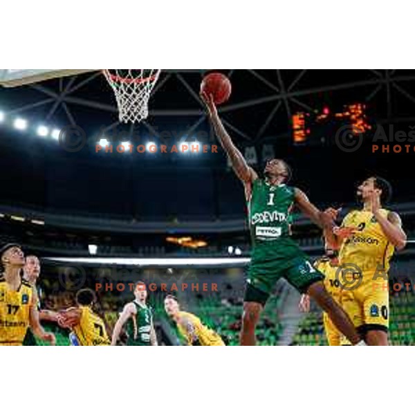 Umoja Gibson of KK Cedevita Olimpija in action during BKT EuroCup 2025-2026 basketball match between Cedevita Olimpija (SLO) and Aris Solun (GRC) in SRC Stozice, Ljubljana, Slovenia on October 14th, 2025