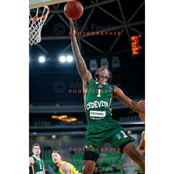 Umoja Gibson of KK Cedevita Olimpija in action during BKT EuroCup 2025-2026 basketball match between Cedevita Olimpija (SLO) and Aris Solun (GRC) in SRC Stozice, Ljubljana, Slovenia on October 14th, 2025