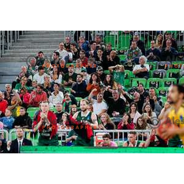 Fans of Cedevita Olimpija cheering during BKT EuroCup 2025-2026 basketball match between Cedevita Olimpija (SLO) and Aris Thessaloniki Betsson (GRE) in SRC Stozice, Ljubljana, Slovenia on October 14, 2025