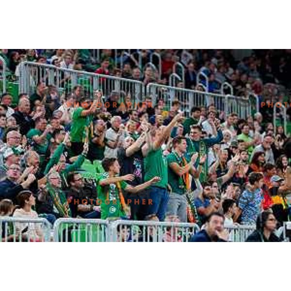Fans of Cedevita Olimpija cheering during BKT EuroCup 2025-2026 basketball match between Cedevita Olimpija (SLO) and Aris Thessaloniki Betsson (GRE) in SRC Stozice, Ljubljana, Slovenia on October 14, 2025
