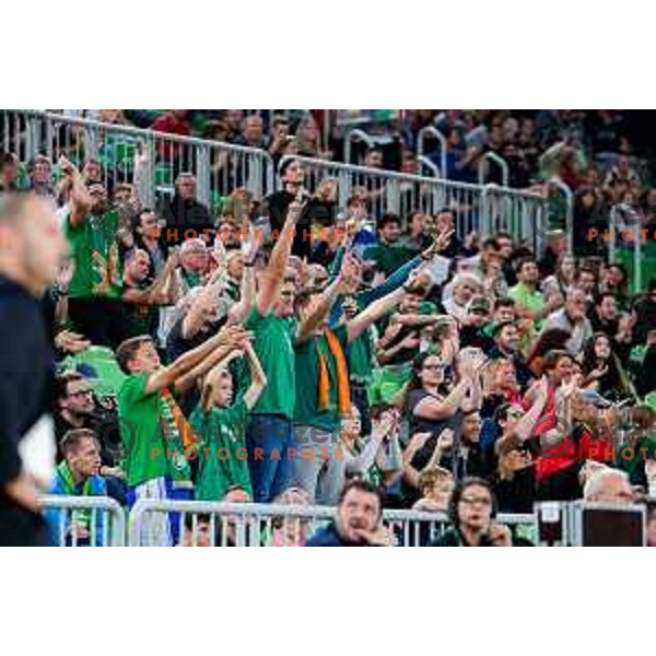 Fans of Cedevita Olimpija cheering during BKT EuroCup 2025-2026 basketball match between Cedevita Olimpija (SLO) and Aris Thessaloniki Betsson (GRE) in SRC Stozice, Ljubljana, Slovenia on October 14, 2025