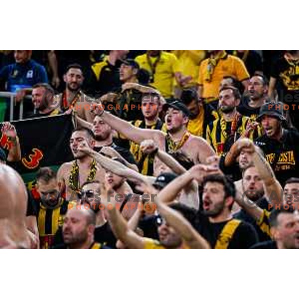 Fans of Aris cheering during BKT EuroCup 2025-2026 basketball match between Cedevita Olimpija (SLO) and Aris Thessaloniki Betsson (GRE) in SRC Stozice, Ljubljana, Slovenia on October 14, 2025