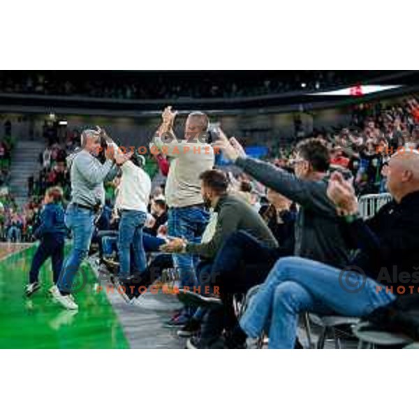 Fans of Cedevita Olimpija cheering during BKT EuroCup 2025-2026 basketball match between Cedevita Olimpija (SLO) and Aris Thessaloniki Betsson (GRE) in SRC Stozice, Ljubljana, Slovenia on October 14, 2025