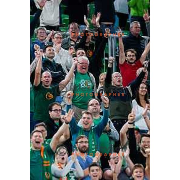 Fans of Cedevita Olimpija cheering during BKT EuroCup 2025-2026 basketball match between Cedevita Olimpija (SLO) and Aris Thessaloniki Betsson (GRE) in SRC Stozice, Ljubljana, Slovenia on October 14, 2025