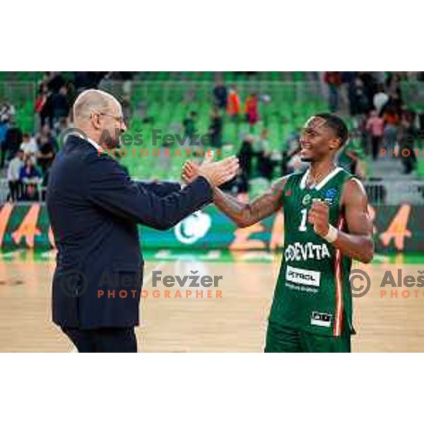 Umoja Gibson of KK Cedevita Olimpija and Zvezdan Mitrović, Head coach of KK Cedevita Olimpija in action during BKT EuroCup 2025-2026 basketball match between Cedevita Olimpija (SLO) and Aris Solun (GRC) in SRC Stozice, Ljubljana, Slovenia on October 14th, 2025