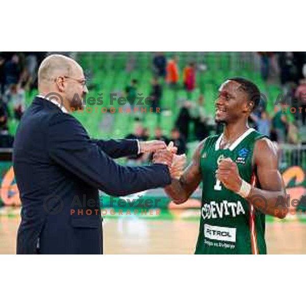 Umoja Gibson of KK Cedevita Olimpija and Zvezdan Mitrović, Head coach of KK Cedevita Olimpija in action during BKT EuroCup 2025-2026 basketball match between Cedevita Olimpija (SLO) and Aris Solun (GRC) in SRC Stozice, Ljubljana, Slovenia on October 14th, 2025