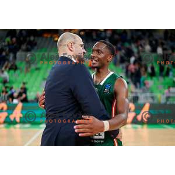 Umoja Gibson of KK Cedevita Olimpija and Zvezdan Mitrović, Head coach of KK Cedevita Olimpija in action during BKT EuroCup 2025-2026 basketball match between Cedevita Olimpija (SLO) and Aris Solun (GRC) in SRC Stozice, Ljubljana, Slovenia on October 14th, 2025