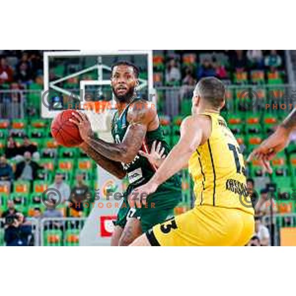 DJ Stewart in action during BKT EuroCup 2025-2026 basketball match between Cedevita Olimpija (SLO) and Aris Thessaloniki Betsson (GRE) in SRC Stozice, Ljubljana, Slovenia on October 14, 2025