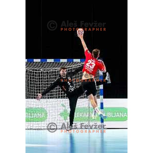 Tadej Kljun in action during EHF European League Men 2025/26 match between LL Grosist Slovan (SLO) and Minaur Baia Mare (ROM) in Tivoli Hall, Ljubljana, Slovenia on October 14, 2025