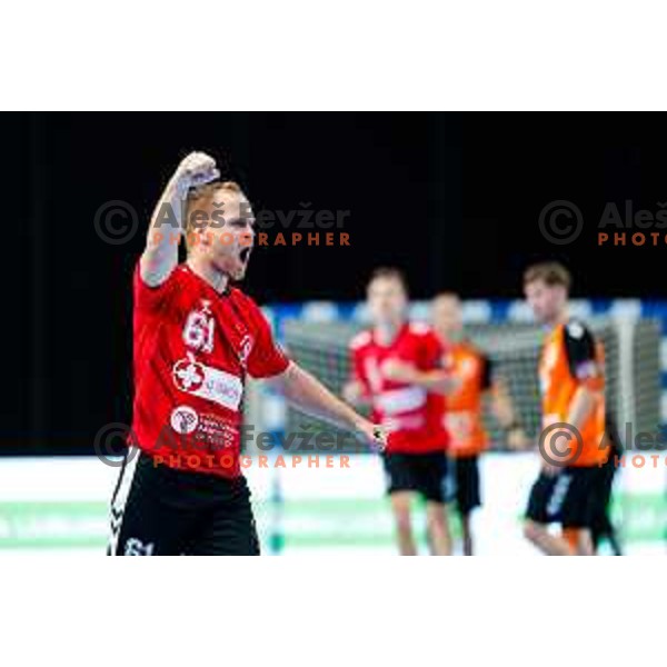 Stas Skube in action during EHF European League Men 2025/26 match between LL Grosist Slovan (SLO) and Minaur Baia Mare (ROM) in Tivoli Hall, Ljubljana, Slovenia on October 14, 2025