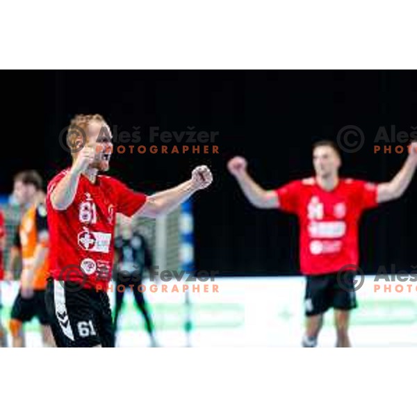 Stas Skube in action during EHF European League Men 2025/26 match between LL Grosist Slovan (SLO) and Minaur Baia Mare (ROM) in Tivoli Hall, Ljubljana, Slovenia on October 14, 2025