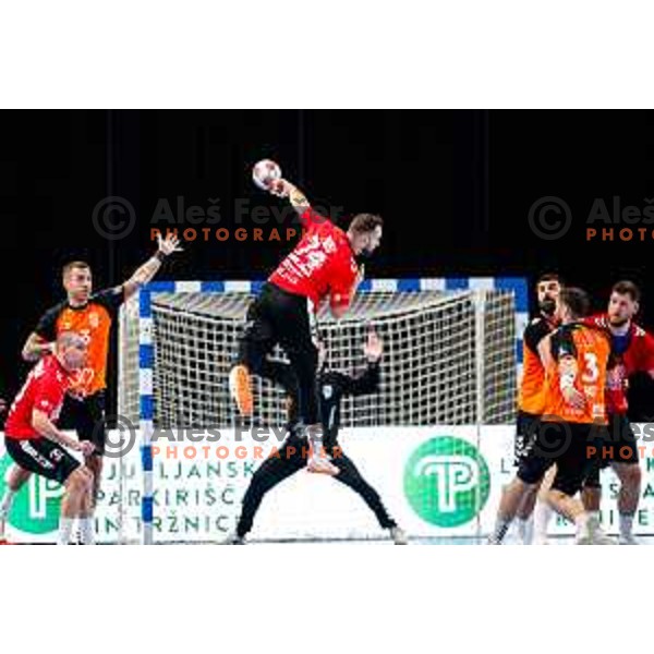 Bruno Vili Zobec in action during EHF European League Men 2025/26 match between LL Grosist Slovan (SLO) and Minaur Baia Mare (ROM) in Tivoli Hall, Ljubljana, Slovenia on October 14, 2025