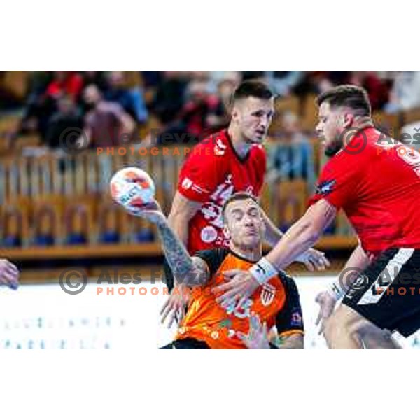 Leon Ljevar and Matic Suholeznik in action during EHF European League Men 2025/26 match between LL Grosist Slovan (SLO) and Minaur Baia Mare (ROM) in Tivoli Hall, Ljubljana, Slovenia on October 14, 2025