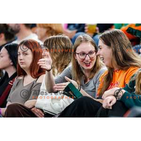 Fans of Cedevita Olimpija cheering during BKT EuroCup 2025-2026 basketball match between Cedevita Olimpija (SLO) and Aris Thessaloniki Betsson (GRE) in SRC Stozice, Ljubljana, Slovenia on October 14, 2025