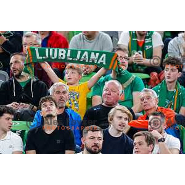 Fans of Cedevita Olimpija cheering during BKT EuroCup 2025-2026 basketball match between Cedevita Olimpija (SLO) and Aris Thessaloniki Betsson (GRE) in SRC Stozice, Ljubljana, Slovenia on October 14, 2025