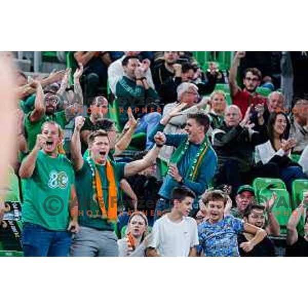 Fans of Cedevita Olimpija cheering during BKT EuroCup 2025-2026 basketball match between Cedevita Olimpija (SLO) and Aris Thessaloniki Betsson (GRE) in SRC Stozice, Ljubljana, Slovenia on October 14, 2025