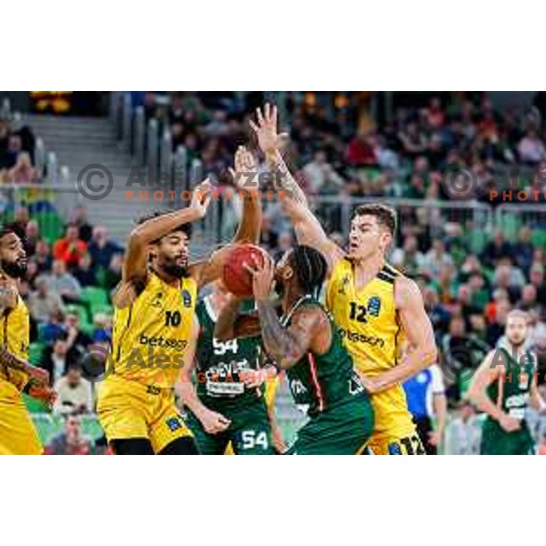 DJ Stewart in action during BKT EuroCup 2025-2026 basketball match between Cedevita Olimpija (SLO) and Aris Thessaloniki Betsson (GRE) in SRC Stozice, Ljubljana, Slovenia on October 14, 2025