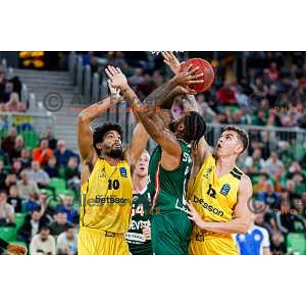 DJ Stewart in action during BKT EuroCup 2025-2026 basketball match between Cedevita Olimpija (SLO) and Aris Thessaloniki Betsson (GRE) in SRC Stozice, Ljubljana, Slovenia on October 14, 2025
