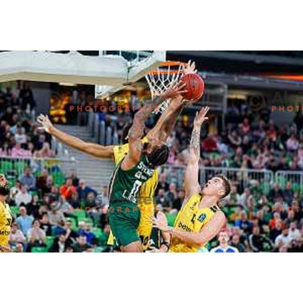 DJ Stewart in action during BKT EuroCup 2025-2026 basketball match between Cedevita Olimpija (SLO) and Aris Thessaloniki Betsson (GRE) in SRC Stozice, Ljubljana, Slovenia on October 14, 2025