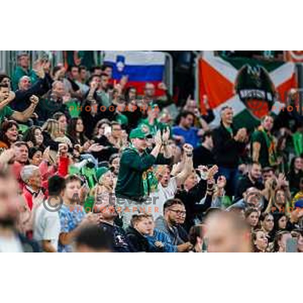 Fans of Cedevita Olimpija cheering during BKT EuroCup 2025-2026 basketball match between Cedevita Olimpija (SLO) and Aris Thessaloniki Betsson (GRE) in SRC Stozice, Ljubljana, Slovenia on October 14, 2025