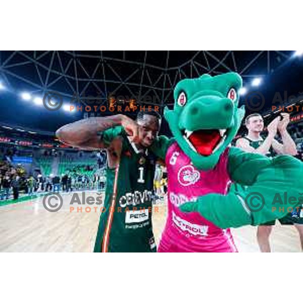 Umoja Gibson and Dragon Oli celebrate victory at BKT EuroCup 2025-2026 basketball match between Cedevita Olimpija (SLO) and Aris Thessaloniki Betsson (GRE) in SRC Stozice, Ljubljana, Slovenia on October 14, 2025