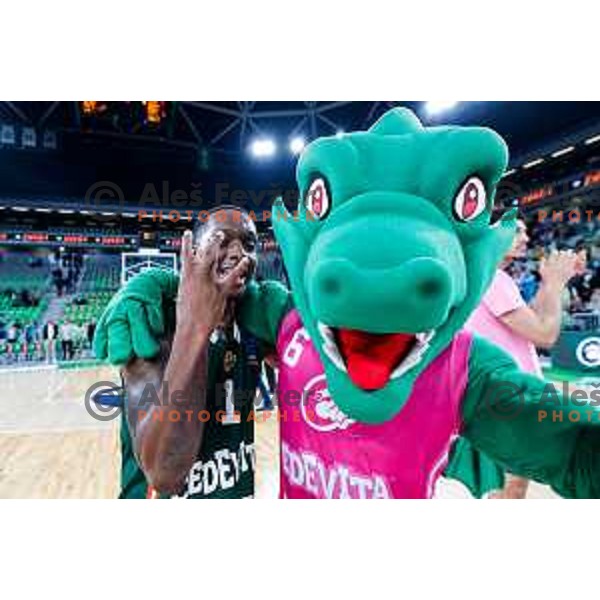 Umoja Gibson and Dragon Oli celebrate victory at BKT EuroCup 2025-2026 basketball match between Cedevita Olimpija (SLO) and Aris Thessaloniki Betsson (GRE) in SRC Stozice, Ljubljana, Slovenia on October 14, 2025