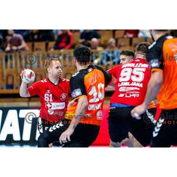 Stas Skube in action during EHF European League Men 2025/26 match between LL Grosist Slovan (SLO) and Minaur Baia Mare (ROM) in Tivoli Hall, Ljubljana, Slovenia on October 14, 2025