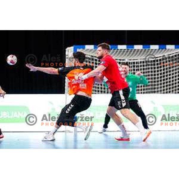Matic Suholeznik in action during EHF European League Men 2025/26 match between LL Grosist Slovan (SLO) and Minaur Baia Mare (ROM) in Tivoli Hall, Ljubljana, Slovenia on October 14, 2025