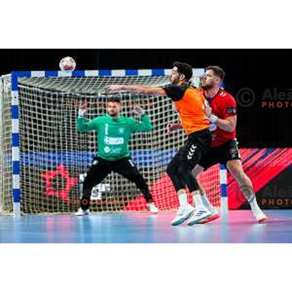 Matic Suholeznik in action during EHF European League Men 2025/26 match between LL Grosist Slovan (SLO) and Minaur Baia Mare (ROM) in Tivoli Hall, Ljubljana, Slovenia on October 14, 2025