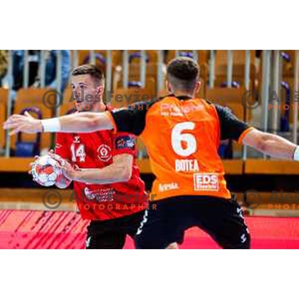 Leon Ljevar in action during EHF European League Men 2025/26 match between LL Grosist Slovan (SLO) and Minaur Baia Mare (ROM) in Tivoli Hall, Ljubljana, Slovenia on October 14, 2025