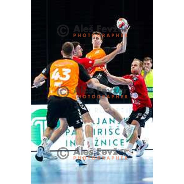 in action during EHF European League Men 2025/26 match between LL Grosist Slovan (SLO) and Minaur Baia Mare (ROM) in Tivoli Hall, Ljubljana, Slovenia on October 14, 2025