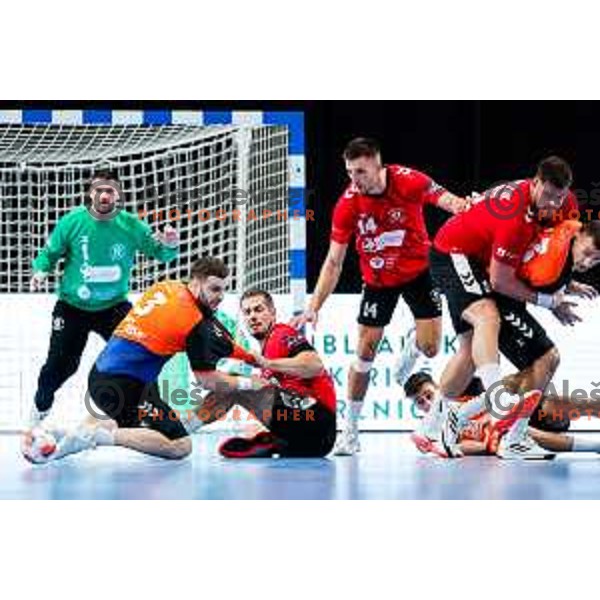 Leon Ljevar in action during EHF European League Men 2025/26 match between LL Grosist Slovan (SLO) and Minaur Baia Mare (ROM) in Tivoli Hall, Ljubljana, Slovenia on October 14, 2025