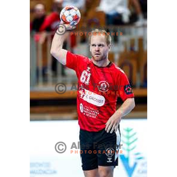 Stas Skube in action during EHF European League Men 2025/26 match between LL Grosist Slovan (SLO) and Minaur Baia Mare (ROM) in Tivoli Hall, Ljubljana, Slovenia on October 14, 2025